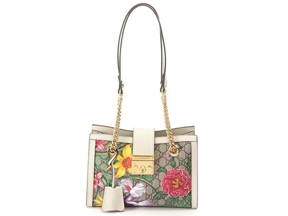Gucci GG Supreme Flora Flower Chain Shoulder Bag Beige Cream White